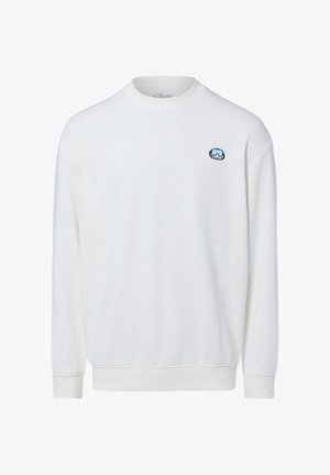 Witte sweatshirt met lange mouwen, ronde hals en geribbelde boorden. Voorzien van een klein blauw geborduurd logo op de linkerborst.