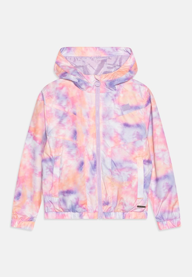 Lehká bunda na zip s pastelovým tie-dye vzorem v růžové, fialové a modré barvě. Má kapuci, elastické manžety a přední kapsy.
