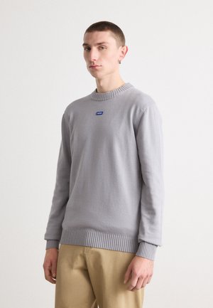 Hellgrauer Pullover mit geripptem Ausschnitt und Bündchen. Verfügt über ein kleines blaues Logo auf der Brust. Weicher Stoff mit glatter Textur.