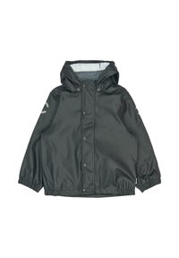 Črna vodoodporna jakna s kapuco, elastičnimi manšetami in pritisnimi gumbi. Ima mehak sivi notranji podlog in diskreten logotip na rokavu.