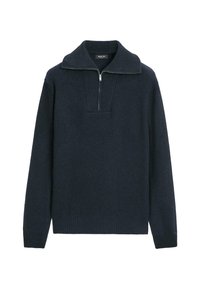 Gebreide donkerblauwe pullover met een ritssluiting of een neklap, met een gestructureerd ribbelpatroon en lange mouwen, met een ontspannen pasvorm.