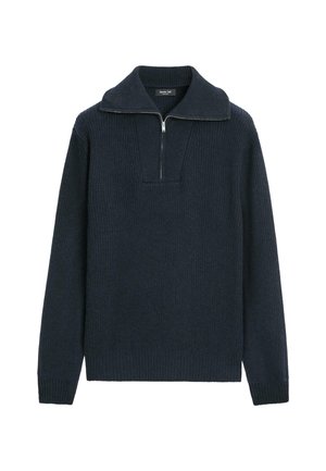 Pullover lavorato a maglia di colore blu navy scuro con colletto a zip, caratterizzato da un motivo a coste testurizzate e maniche lunghe, con una vestibilità morbida.
