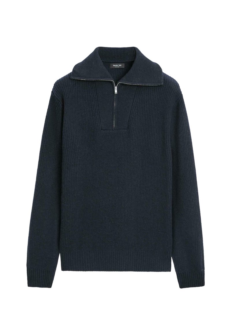 Knitted dark navy pullover with a zippered mock collar, featuring a textured ribbed pattern and long sleeves, with a relaxed fit.