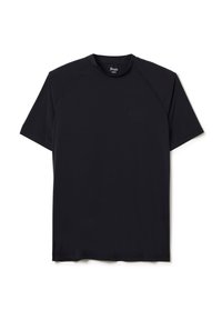 Camiseta negra de manga corta con cuello redondo, hecha de material ligero. Presenta un logotipo sutil en la parte delantera y mangas raglán.