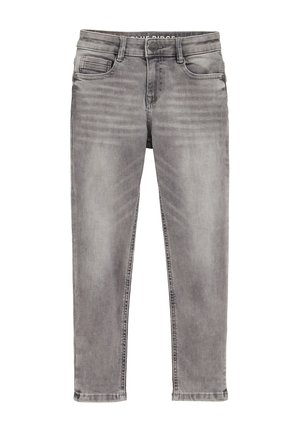 Blugi gri din denim cu croială slim, cu nasture frontal, închidere cu fermoar și design cu cinci buzunare.