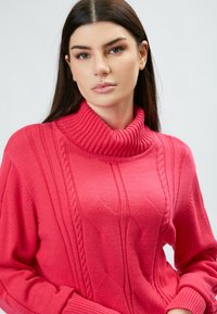 Pull en col roulé rose vif avec un col côtelé et un motif en tricot torsadé avec des détails texturés à l'avant. Matériau doux.