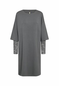 Rochie gri din bumbac, cu gât rotund, mâneci scurte și mâneci lungi cu un model din dantelă. Material moale, cu o croială lejeră.