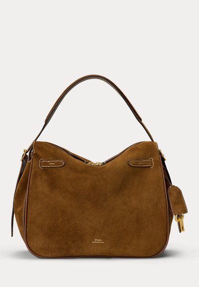 Brown suede shoulder bag with leather trim, top zipper closure, single handle, and small gold lock detail on side.