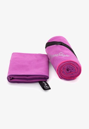 Purple microfiber towel, folded and rolled. Features black zipper, pink accents, and rounded edges. Soft texture, compact design for portability.
