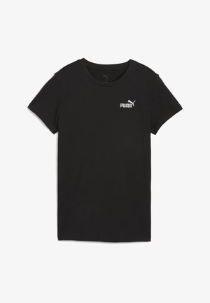 Camiseta negra de manga corta con cuello redondo de Puma con un pequeño logo blanco de Puma en la parte superior izquierda del pecho.