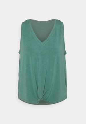 Débardeur turquoise sans manches avec encolure en V et nœud devant, présenté sur fond blanc uni.