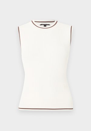 Haut blanc sans manches à côtes avec bordure marron sur l'encolure, les emmanchures et l'ourlet, présenté sur un fond uni.