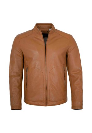 Herren Lederjacke in Hellbraun mit Stehkragen, Frontreißverschluss und seitlichen Reißverschlusstaschen, dargestellt vor weißem Hintergrund.