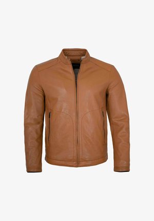 Herren Lederjacke in Hellbraun mit Stehkragen, Frontreißverschluss und seitlichen Reißverschlusstaschen, dargestellt vor weißem Hintergrund.