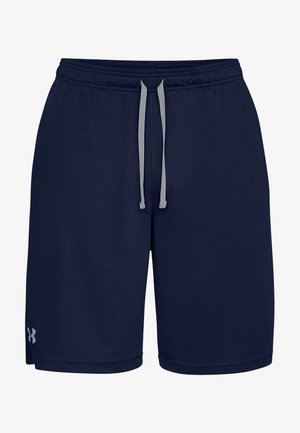 Marineblaue Sportshorts aus Mesh-Gewebe, mit einem elastischen Bund und grauen Kordeln sowie einem Logo auf der linken Unterseite.