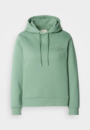 Mintgrüner Hoodie mit einer Kängurutasche, verstellbarem Kapuzenzug, gerippten Bündchen und einem kleinen gestickten Logo auf der Brust. Aus weichem Baumwollmischgewebe.