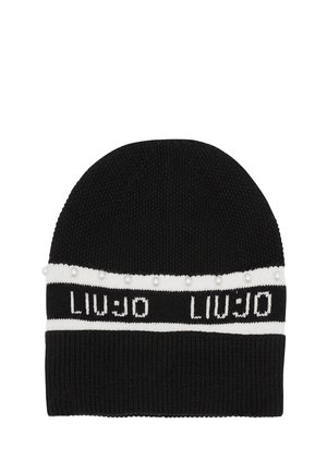 Beanie nera in maglia con fascia bianca con logo "LIU JO" e perline decorative bianche lungo il bordo. Morbido al tatto e con una vestibilità aderente.