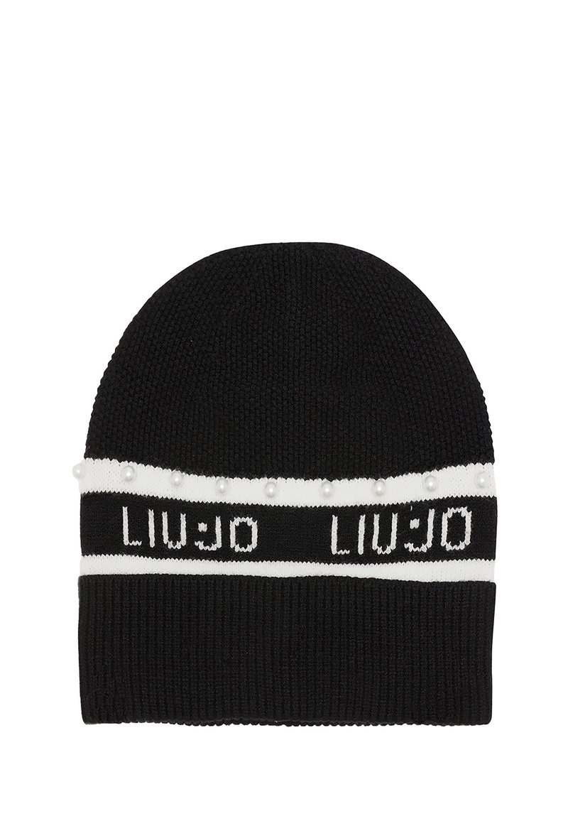 Beanie nera in maglia con fascia bianca con logo "LIU JO" e perline decorative bianche lungo il bordo. Morbido al tatto e con una vestibilità aderente.