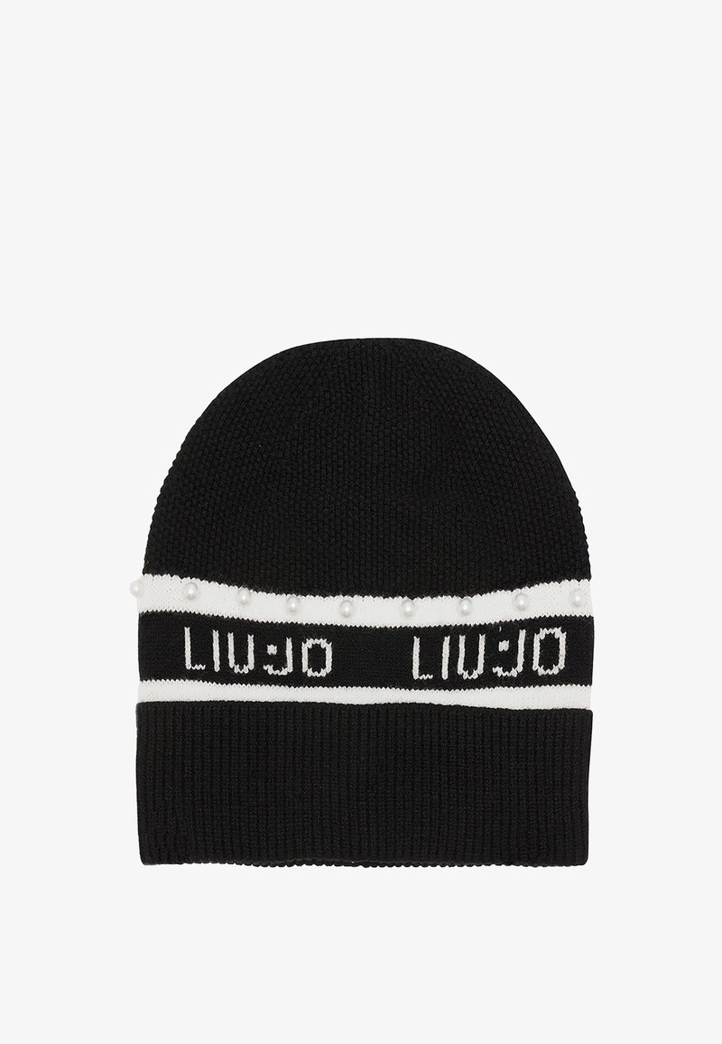 Beanie nera in maglia con fascia bianca con logo "LIU JO" e perline decorative bianche lungo il bordo. Morbido al tatto e con una vestibilità aderente.