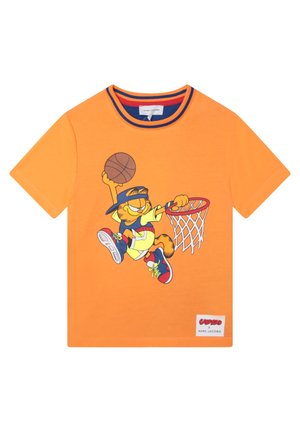 Orange cotton T-shirt featuring a cartoon character in a basketball pose, with a graphic design and contrasting blue and red neckline.