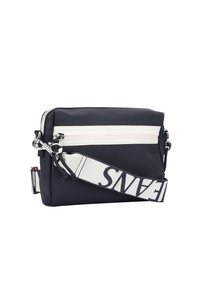Navy blue nylon crossbody bag with a white zipper pocket and adjustable strap featuring a printed logo. Smooth texture and rectangular shape.