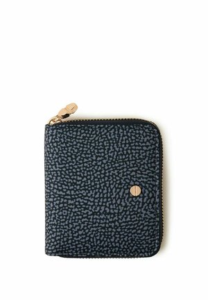 Portefeuille noir compact avec un motif gris moucheté, une fermeture éclair dorée et un petit logo rond doré sur le devant.