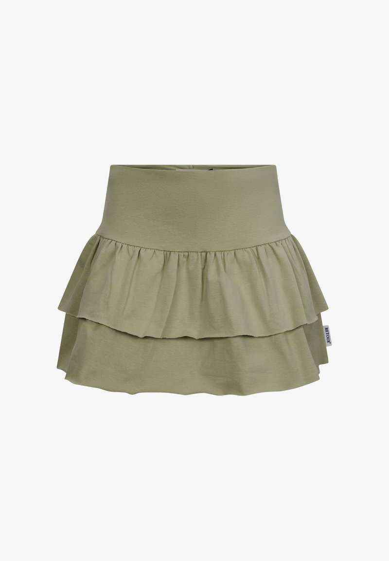 Groene, gelaagde rok met twee volants, gemaakt van zachte stof met een elastische tailleband. Het zijlabel voegt een subtiele detail toe.