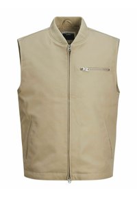 Beige mouwloos vest met een ritssluiting aan de voorkant, een borstzak met rits en twee zijzakken. De stof heeft een gladde textuur.