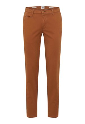 Bruine katoen broek met een slim fit, voorzien van een voorkant zak, achterzak en een knoopsluiting bij de taille.