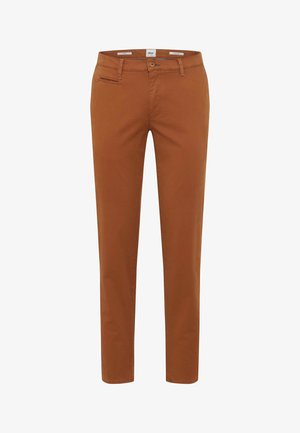 Braune Baumwollhose mit schmalem Schnitt, ausgestattet mit einer Vordertasche, einer Gesäßtasche und einem Knopfverschluss am Bund.