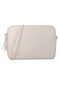 Lys beige læder crossover taske med en glat tekstur, lynlåslukning og en aftagelig skulderrem. Udstyret med en frynseaccent.