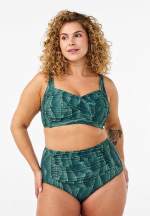 Green tropical print bikini set featuring a padded bralette top with adjustable straps and high-waisted bottom with ruching detail.