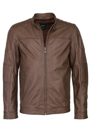 Braune Lederjacke mit durchgehendem Reißverschluss, Stehkragen, gesteppten Schulterakzenten und zwei seitlichen Reißverschlusstaschen. Texturierte Oberfläche.