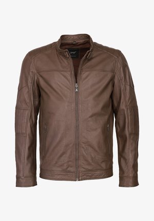 Veste en cuir marron avec fermeture éclair à l'avant, col montant, accents matelassés sur les épaules et deux poches latérales zippées. Fini texturé.