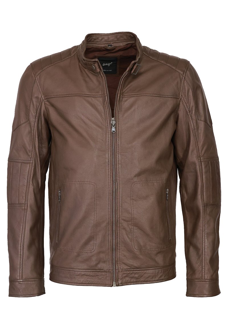 Braune Lederjacke mit durchgehendem Reißverschluss, Stehkragen, gesteppten Schulterakzenten und zwei seitlichen Reißverschlusstaschen. Texturierte Oberfläche.
