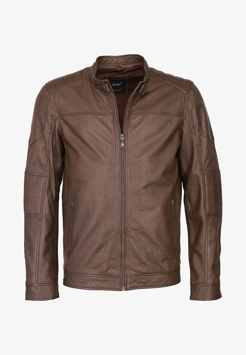 Braune Lederjacke mit durchgehendem Reißverschluss, Stehkragen, gesteppten Schulterakzenten und zwei seitlichen Reißverschlusstaschen. Texturierte Oberfläche.