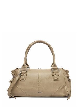 Beige Lederhandtasche mit zwei Griffen, abnehmbarem Schultergurt, Schnallendetails und "JENNY"-Logo in der Mitte vorne.