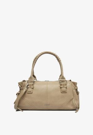 Bolso de mano de cuero beige con doble asa, correa de hombro desmontable, detalles de hebilla y logo "JENNY" en el centro frontal.