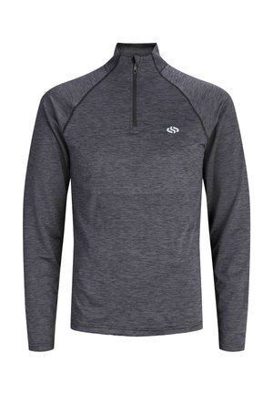 Pull-over de sport gris foncé à manches longues avec col à fermeture éclair quart et petit logo blanc sur la poitrine gauche.
