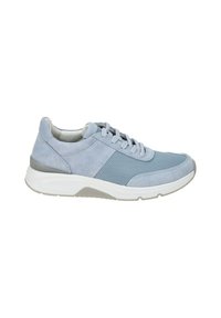 Light blue suede sneaker featuring mesh detailing, laces, and a white rubber sole with a slight gray accent. Rounded toe design.