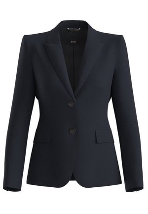 Black tailored blazer with two buttons, notch lapels, and front flap pockets, structured for a fitted silhouette.