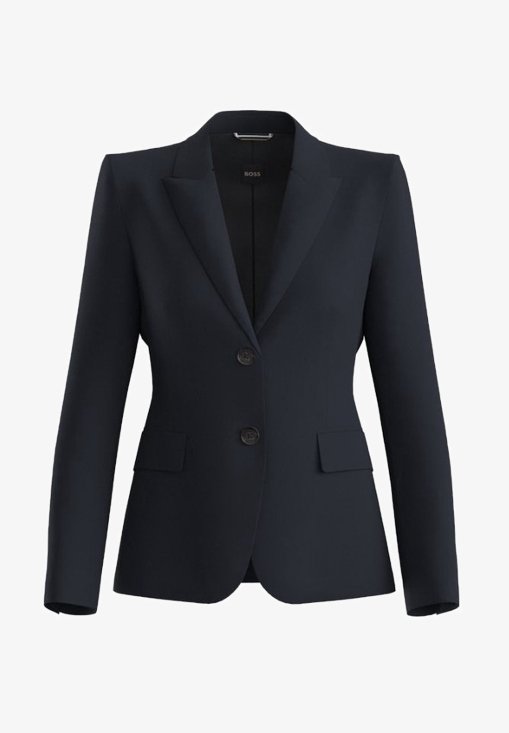 Veste noire cintrée avec deux boutons, revers crantés et poches à rabat devant, structurée pour une silhouette ajustée.