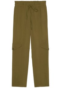 Olivově zelené cargo kalhoty s elastickým páskem na šňůrku, dvěma bočními kapsami a hladkým povrchem. Rysy švů podél nohavic.