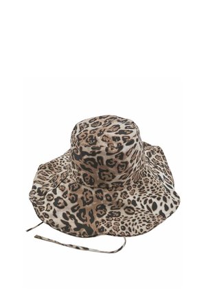 Cappello a secchiello a tesa larga con cinturino regolabile per il mento, con motivo leopardato marrone e nero sul tessuto.