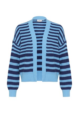 Cardigan a righe in azzurro chiaro e blu navy. Tessuto lavorato a maglia con apertura frontale, orlo a coste e maniche lunghe. Presenta righe orizzontali.