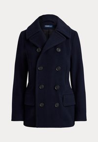 Marineblauwe dubbelgeknoopte wollen jas met brede revers, zes zwarte knopen, twee voorzakken met klep en verticale zijzakken.