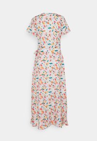 Blumenkleid in Midi-Länge mit kurzen Ärmeln, rosa Hintergrund, mehrfarbige Blumen,Taillenknoten, leichtes Material und ausgestellter Saum.
