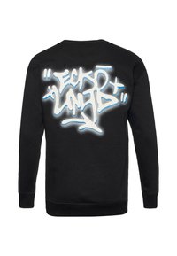 Čierna mikina s veľkým bielo-modrým graffiti štýlom na zadnej strane. Klasický okrúhly výstrih a rebrované manžety. Mäkká textúra.