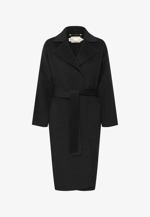Svart ullkappa med belted midja, bred krage och långa ärmar. Har en ren design med en medellång passform. Texturerat tyg.