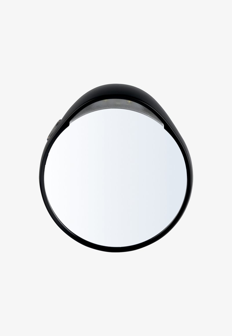 Runder Wandleuchter mit schwarzem, gebogenem Rahmen, glatter reflektierender Oberfläche und integrierter Beleuchtung oben für bessere Sichtbarkeit.